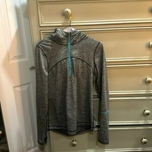 Athletic pullover, heathered grey with a half zip and hoodie